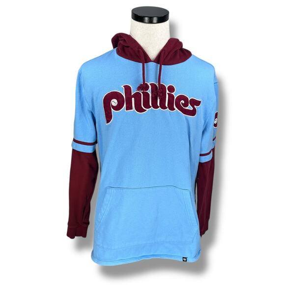 Philadelphia Phillies Hoodie Men’s Large Powder Blue Maroon Drawstring '47 Brand - Picture 1 of 12
